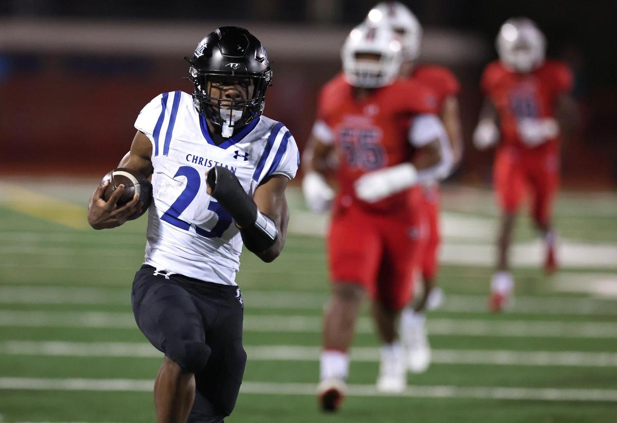 Charlotte Christian running back Jamal Rule breaks into the open field on a touchdown run against the Providence Day Chargers on Friday, November 8, 2024, at Providence Day School.