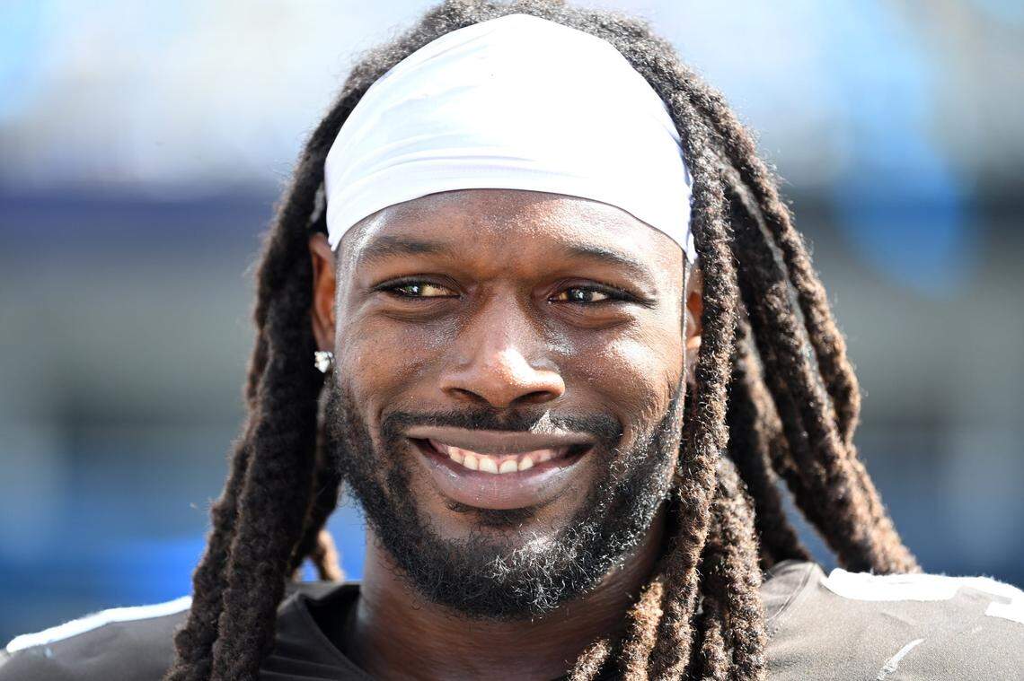 In 2022 in Charlotte, then-Cleveland Browns defensive end Jadeveon Clowney (90) stood on the sidelines in the third quarter at Bank of America Stadium. Clowney joined the Panthers on March 27, 2024, signing a two-year contract.