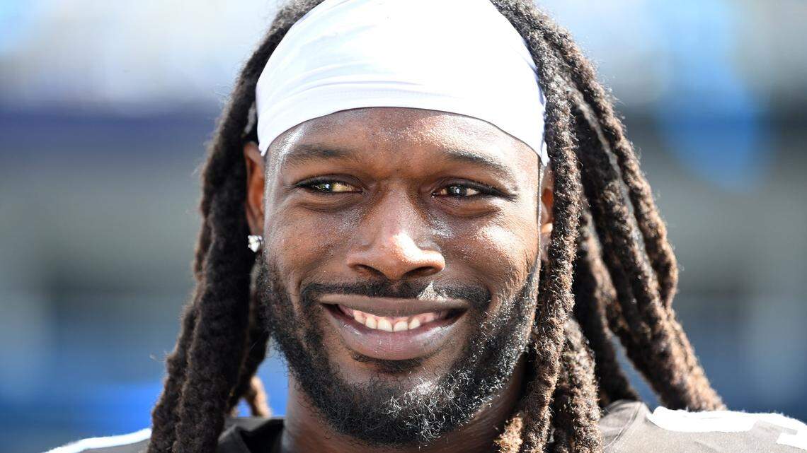 In 2022 in Charlotte, then-Cleveland Browns defensive end Jadeveon Clowney (90) stood on the sidelines in the third quarter at Bank of America Stadium. Clowney joined the Panthers on March 27, 2024, signing a two-year contract.