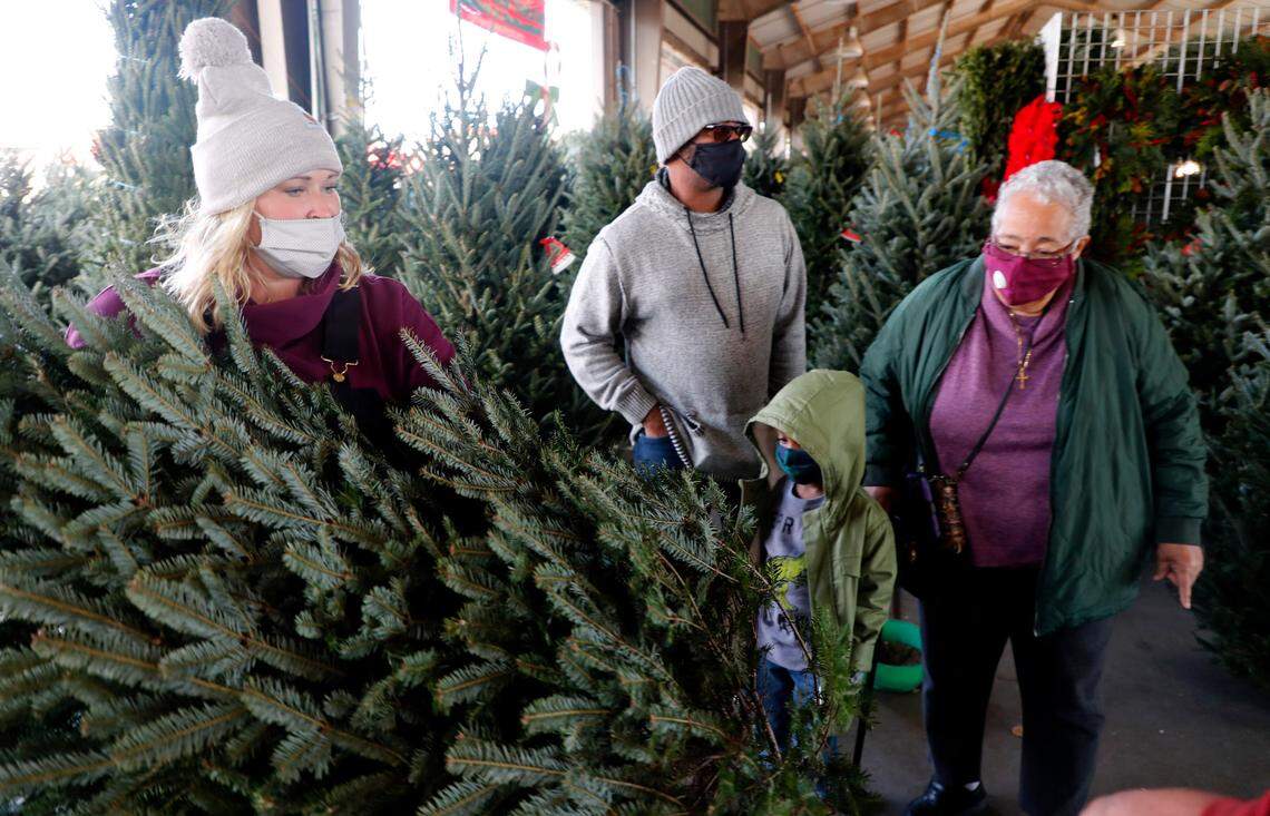 Cameron Stephens, 4, and his father Kevin and grandmother Cece watch as Holly Osborne with Phoenix Mountain Christmas Tree Farm takes their Christmas tree to be trimmed at the North Carolina State Farmers Market in Raleigh, N.C., Tuesday, Dec. 1, 2020.