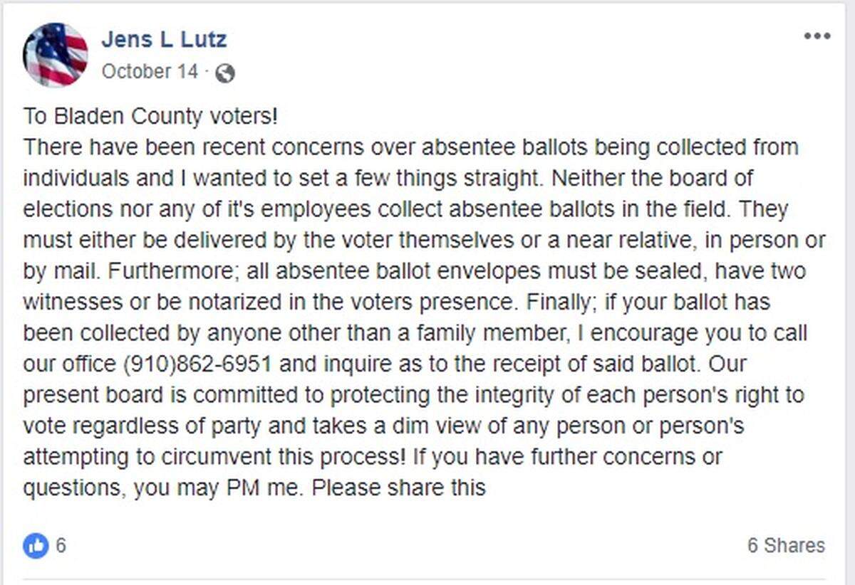 Before the state elections board sent investigators to Bladen County in 2018, Jens Lutz, a former county Democratic Party chairman, said there were “concerns” of people collecting absentee ballots from voters. Lutz resigned from the Bladen County Board of Elections amid an ongoing investigation into election fraud.