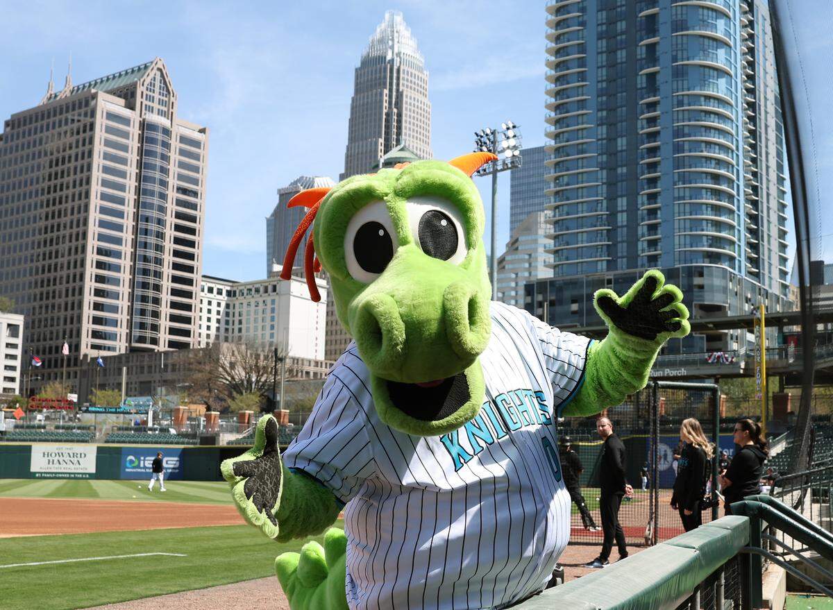 Charlotte Knights mascot and fan favorite Homer the Dragon arrives at the team’s media day on Wednesday at Truist Field. 