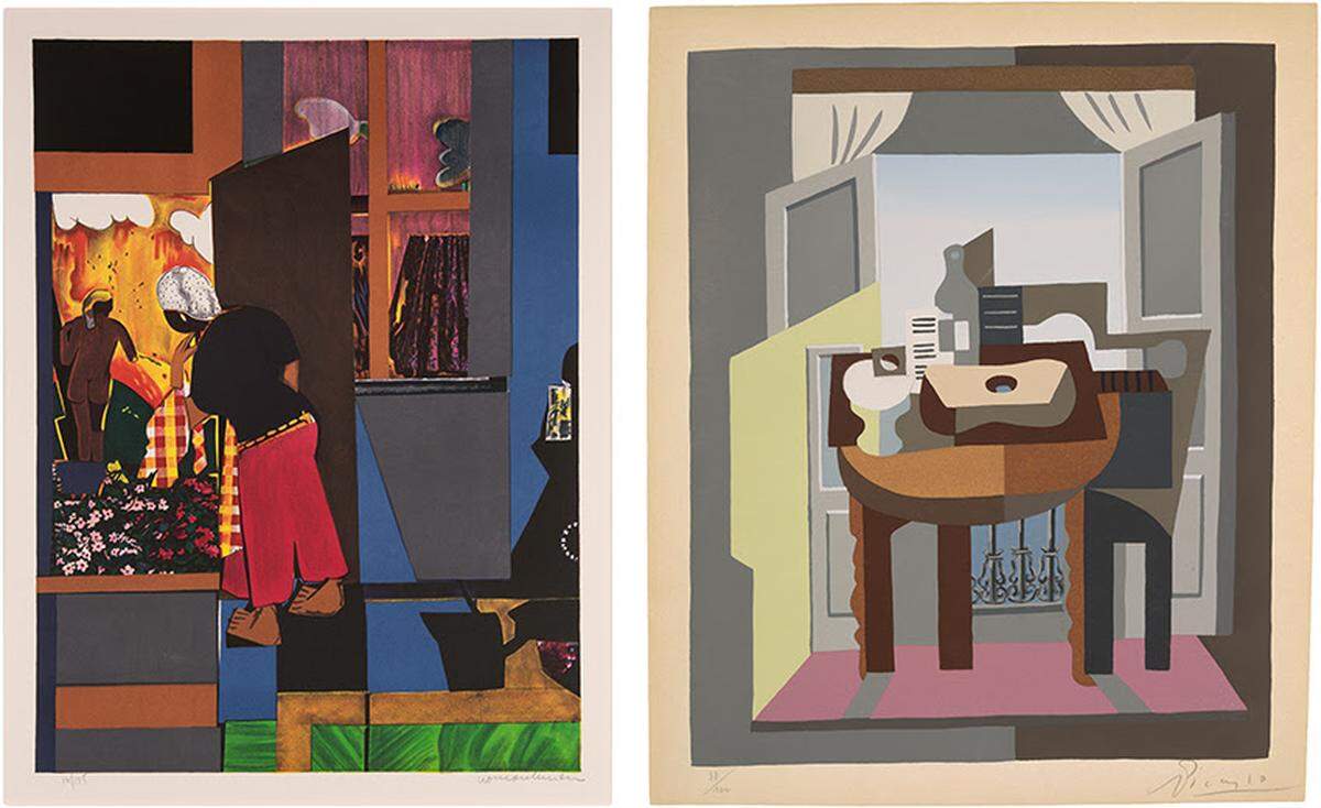 These paintings at Mint Museum Uptown are part of “Bearden/Picasso Rhythms and Reverberations.” Left: Romare Bearden’s The Open Door, 1979, lithograph. Right: Nature Morte devant une Fenêtre Ouverte sur l’Eau, stencil after a work by Pablo Picasso 1923, gouache on silkscreen on paper.