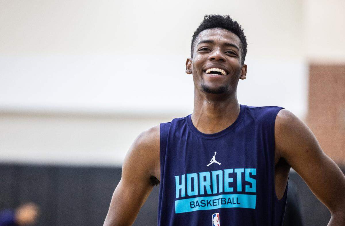 Hornets Brandon Miller laughs during the Charlotte Hornets Minicamp at Novant Health Training Center, N.C., on Friday, June 30, 2023.