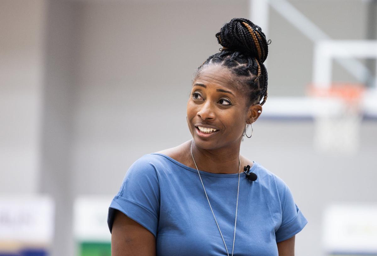 Queens basketball coach Jen Brown speaks during the Atlantic Sun Basketball Media Day at Queens University in Charlotte, N.C. on Monday, October 14, 2024.