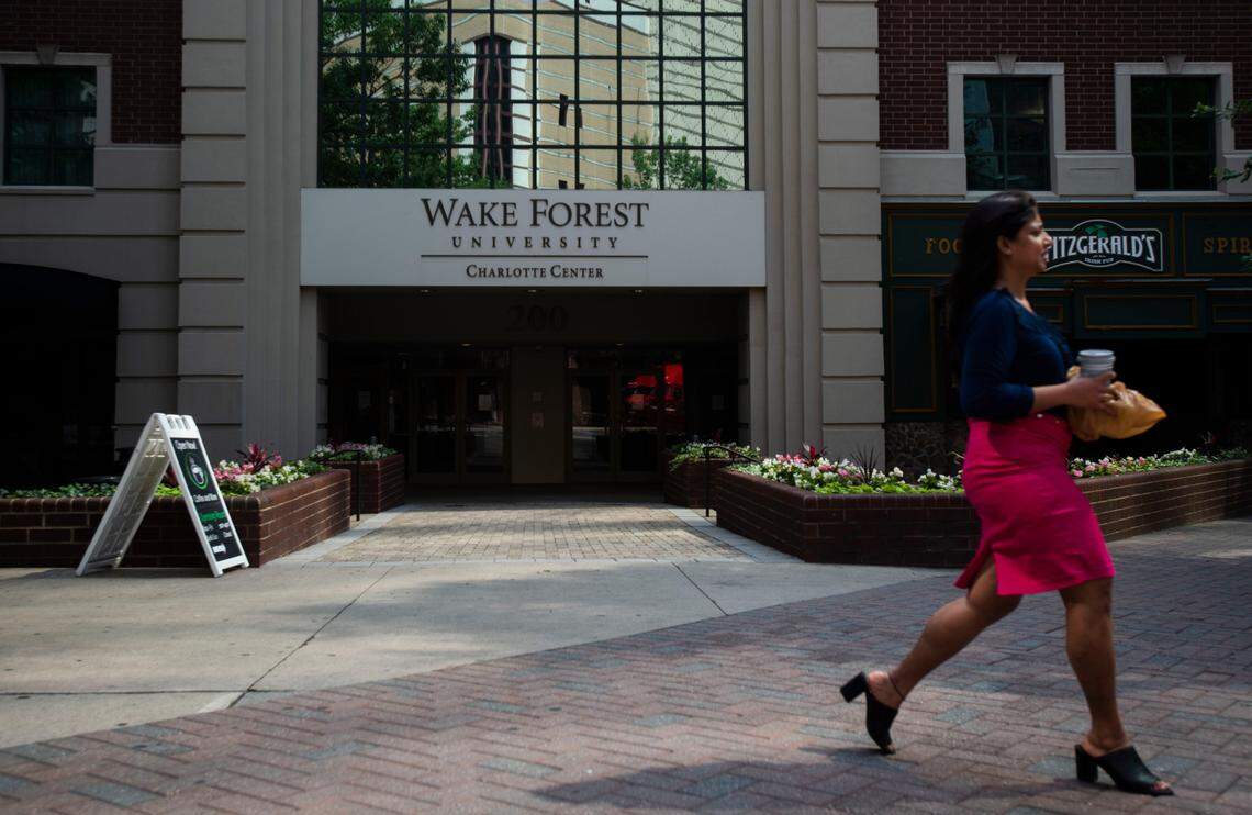 The Wake Forest University Charlotte Center building at 200 N. College St. in uptown is on a watchlist related to its mortgage loan. The building dates back to 1920. Older buildings like this one are among the weakest links in commercial real estate as tenants seek out newer space, experts say.