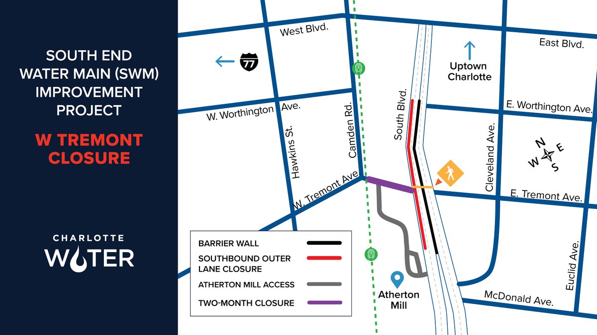 The water main project along South Boulevard in Charlotte’s South End neighborhood could wrap up in September 2022 after two years.