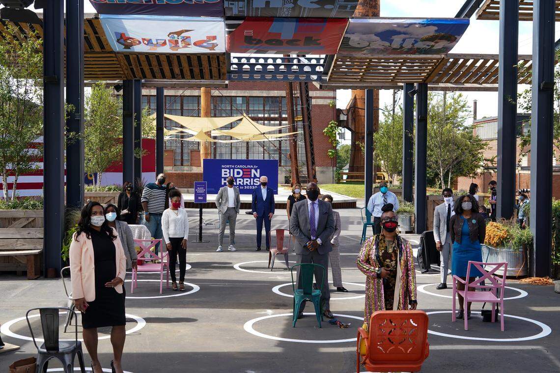 Joe Biden, the Democratic presidential nominee, poses for a group photo at a Black Economic Summit in Charlotte, N.C., Wednesday, Sept. 23, 2020. The group consisted of Black small business owners, educators, and working people, sharing about the impact of the coronavirus on their livelihoods.