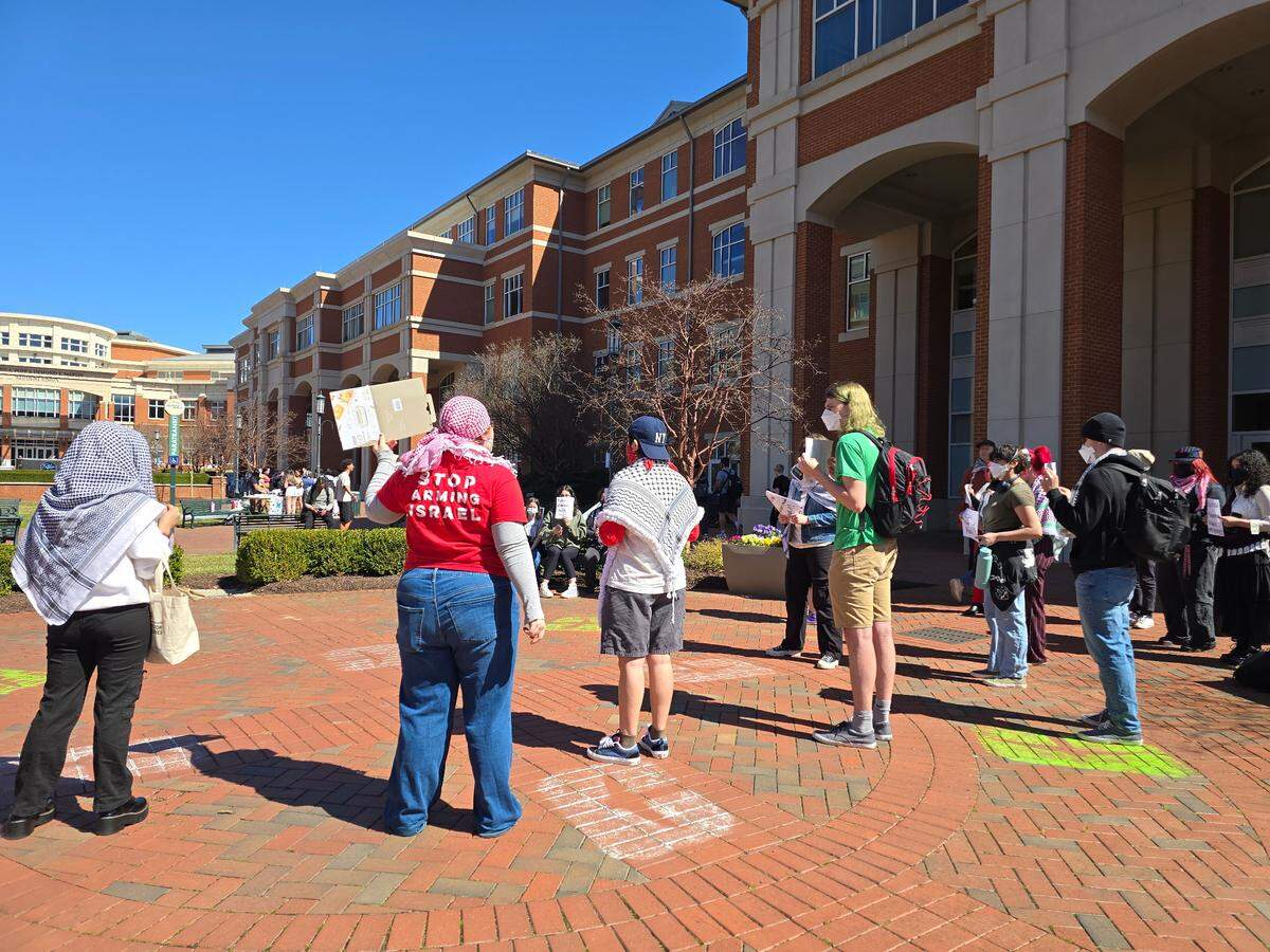 Protesters gather at UNC Charlotte on Tuesday to demand the release of Mahmoud Khalil, who was detained by the Department of Homeland Security on March 8.