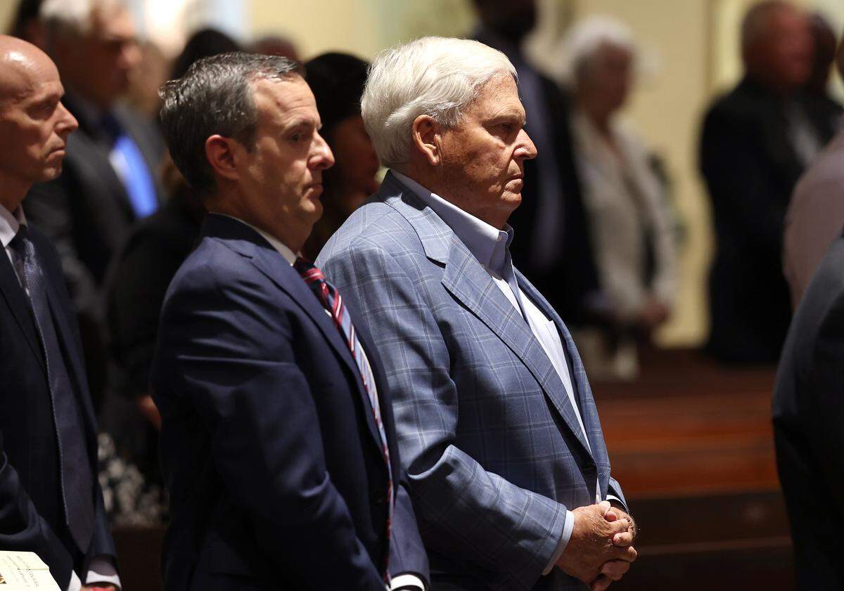 NASCAR team owner Rick Hendrick, center/right, attends the funeral for former longtime Charlotte Motor Speedway president H.A. “Humpy” Wheeler, Jr., on Tuesday, August 26, 2025 at St. Gabriel Catholic Church in Charlotte, NC.Wheeler passed away on August 20, 2025 at the age of 86.