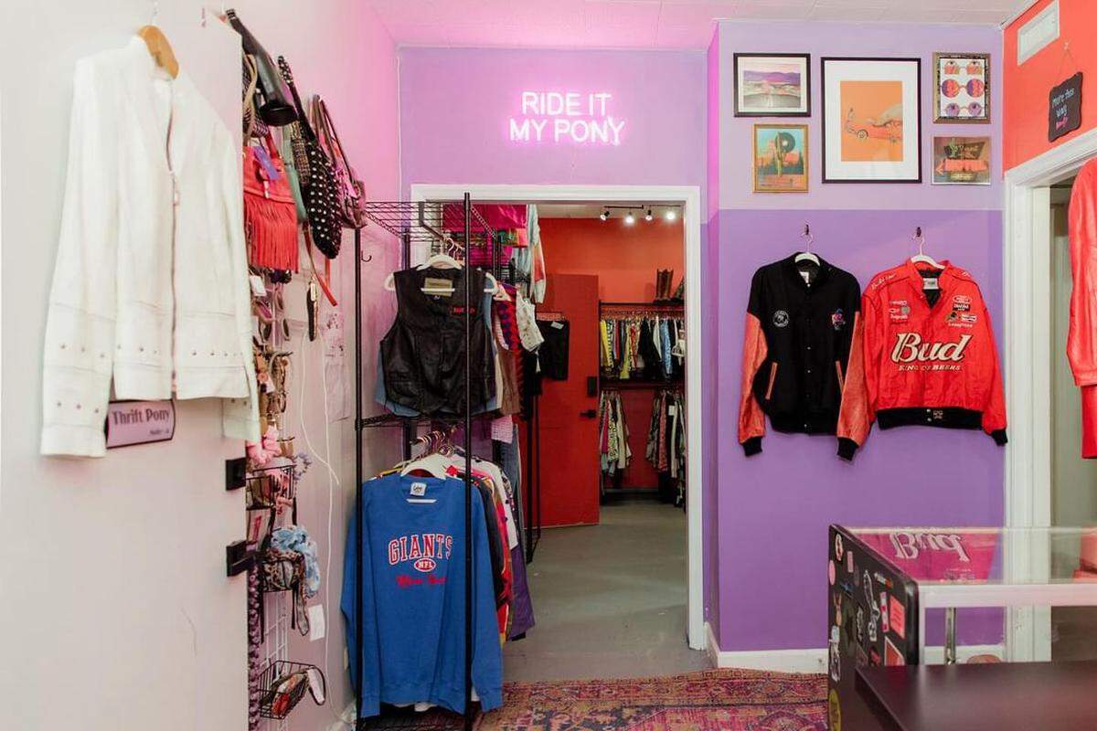 Shoppers flock to Thrift Pony, which hosts monthly markets, weekend pop-ups and sells lots of quirky, colorful outfit options.