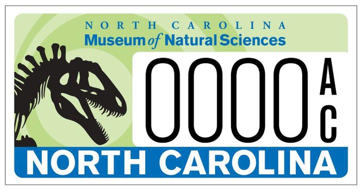 NCDMV approved a new specialty license plate featuring the toothy skeleton of Acrocanthosaurus, one of the N.C. Museum of Natural Sciences’ signature dinosaur specimens, known as the “Terror of the South.”