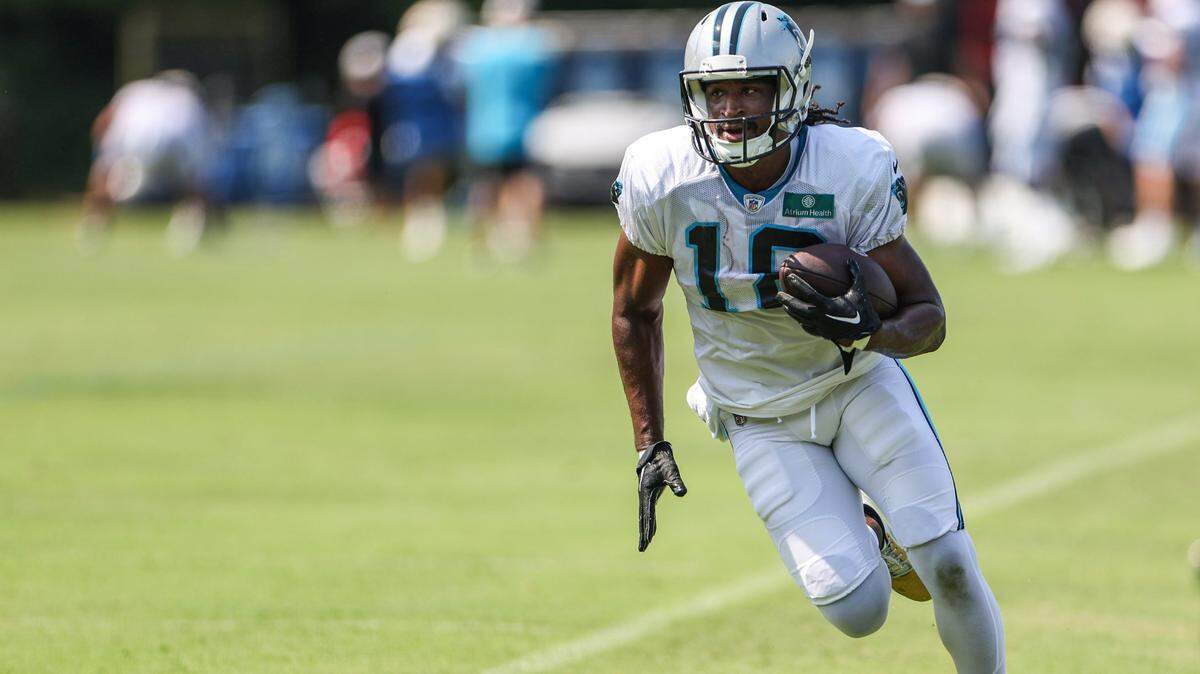 Panthers wide receiver Andre Roberts runs the ball toward the end zone during practice at Training Camp on Tuesday, August 2, 2022 in Spartanburg, SC.