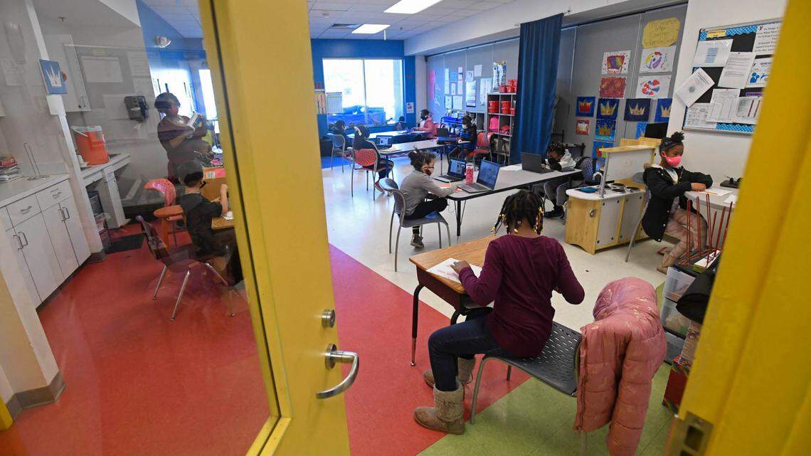Students work on their lessons during a session of the YMCA of Greater Charlotte’s School Days+ remote learning program at the Stratford Richardson YMCA on Wednesday, February 3, 2021. Families from all different schools enroll their kids in the program, which is offered at multiple YMCA locations. The Y provides a safe and supportive space for students to do their individual remote learning.