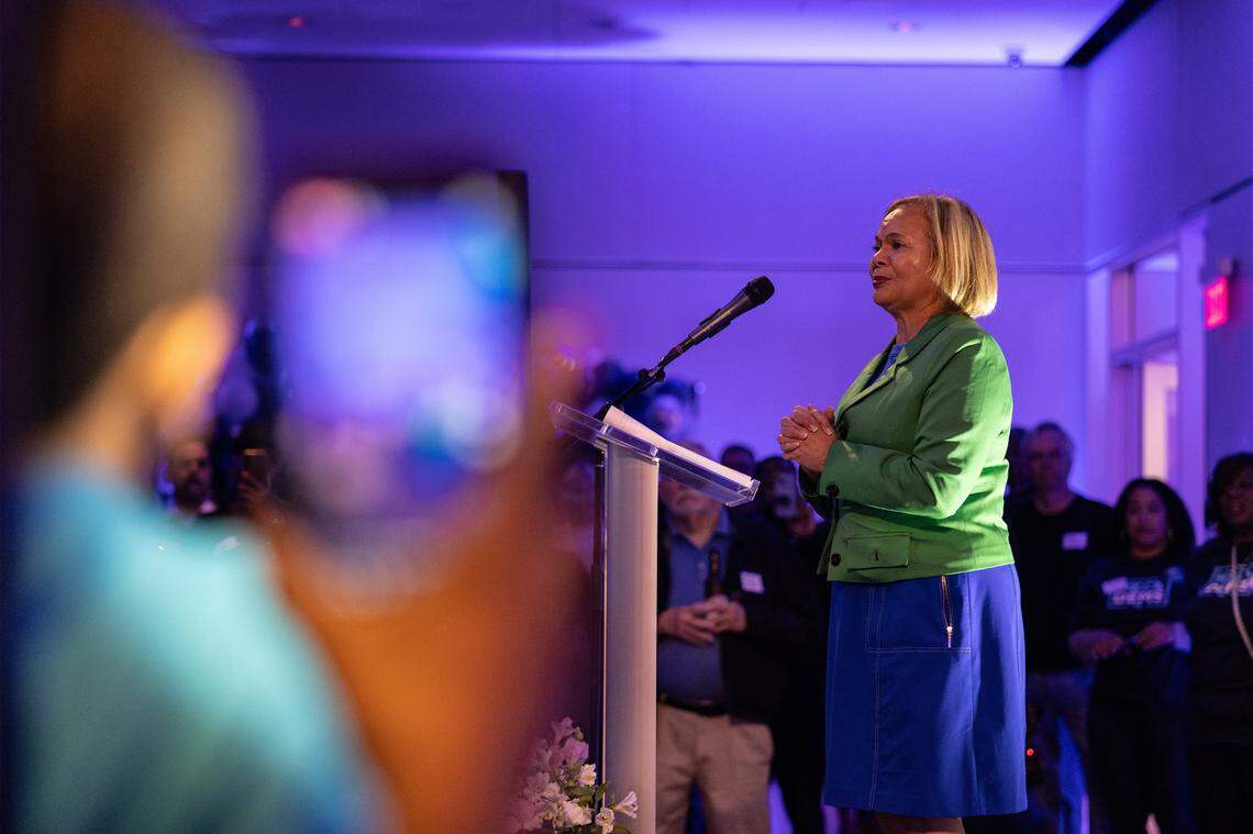 Mayor Vi Lyles speaks at the Meck Dems 2023 Election Night Watch Party at the Mint Museum in Charlotte, N.C., on Tuesday, November 7, 2023.