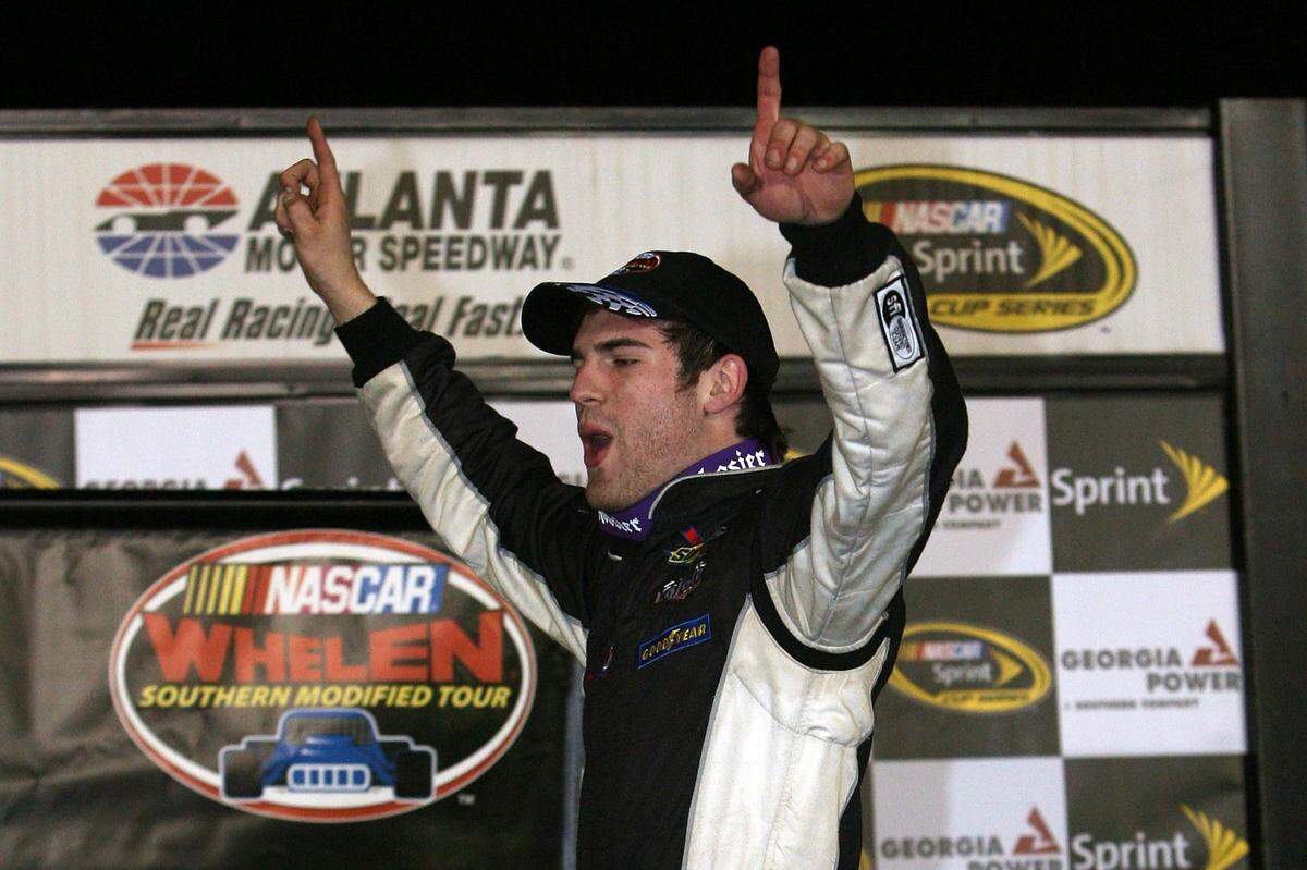 ATLANTA - MARCH 05: (EDITORS NOTE: RETRANSMITTED WITH AN ALTERNATE CROP) Corey Lajoie, driver of the #19 Hill Enterprises Pontiac, celebrates in Victory Lane after winning the NASCAR Whelen Southern Modified Tour Atlanta 150 at Atlanta Motor Speedway on March 5, 2010 in Hampton, Georgia. (Photo by Chris Trotman/Getty Images)