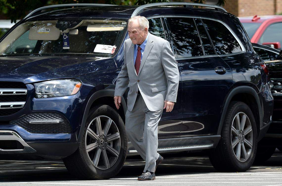 Humpy Wheeler, the former president and general manager of Charlotte Motor Speedway walks to the sanctuary of Central Church in Charlotte on June 30, 2022, for the funeral of Bruton Smith.