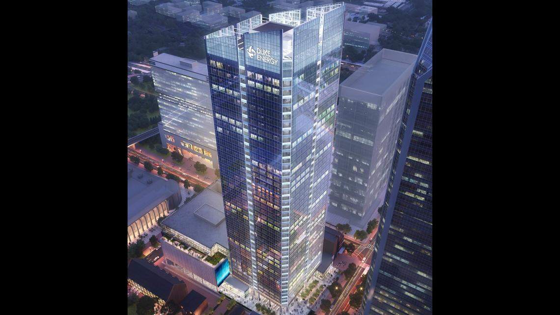 Duke Energy said Monday it sold two of its uptown properties as it consolidates space in anticipation of moving its headquarters to a new uptown office tower, the Duke Energy Plaza. This is a 2021 rendering of the plaza.