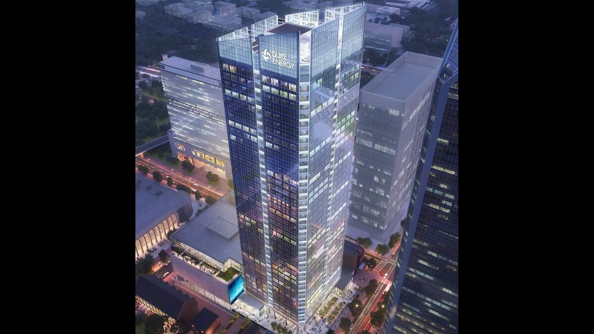 Duke Energy said Monday it sold two of its uptown properties as it consolidates space in anticipation of moving its headquarters to a new uptown office tower, the Duke Energy Plaza. This is a 2021 rendering of the plaza.