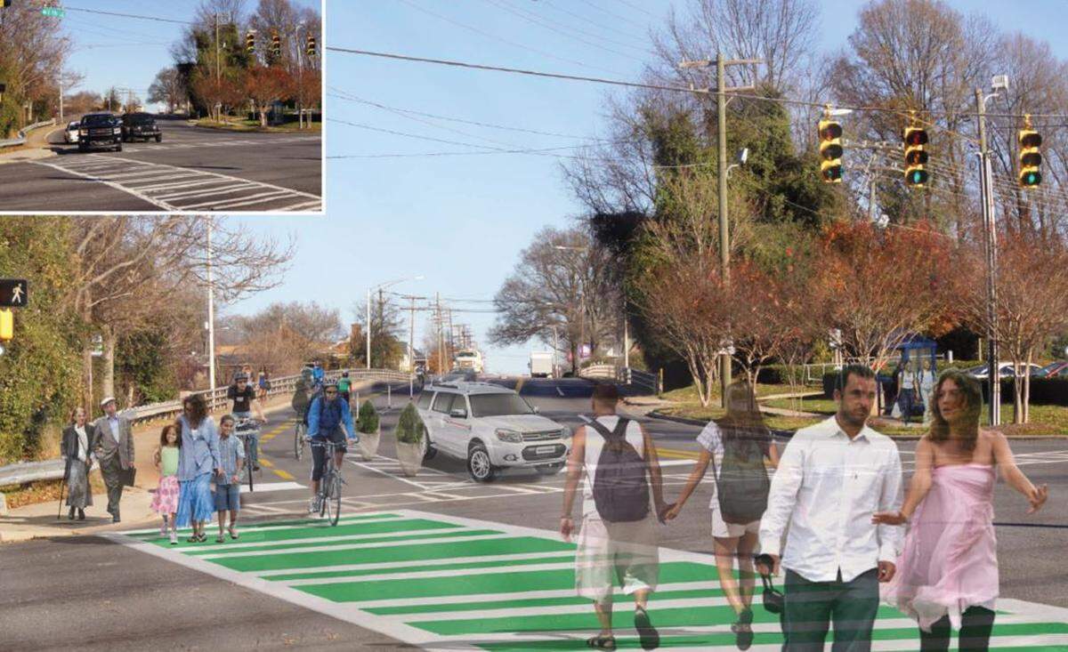 The alternate plan to the pedestrian bridge includes a protected two-way bicycle lane along the existing Central Avenue bridge to connected the Cross Charlotte Trail's fragmented Seventh and Tenth Street segments.