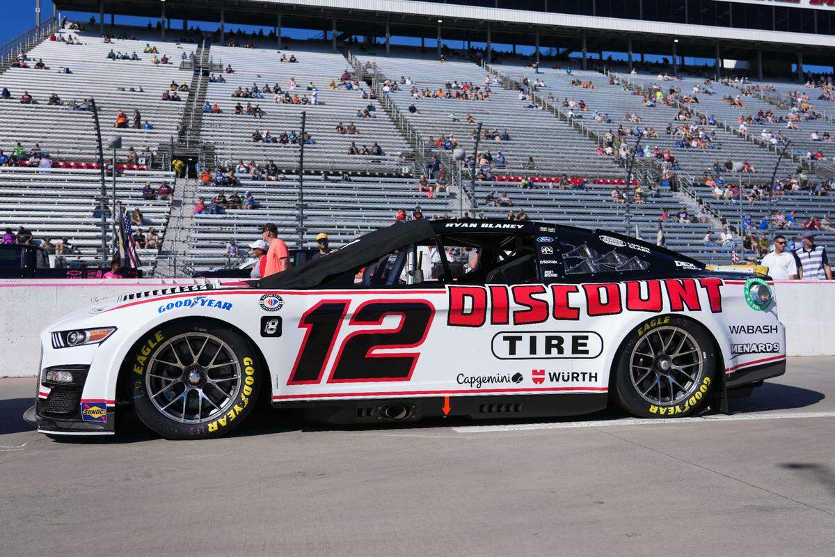 Oct 29, 2023; Martinsville, Virginia, USA; NASCAR Cup Series driver Ryan Blaney (12) car prior to the NASCAR Xfinity 500 at Martinsville Speedway. Mandatory Credit: David Yeazell-USA TODAY Sports