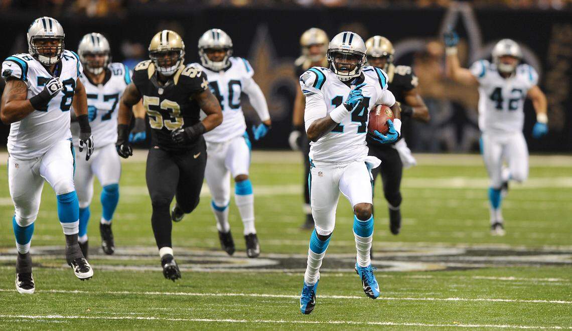 Carolina Panthers (14) Armanti Edwards picks up yardage on a punt return vs the New Orleans Saints during fourth-quarter action at the Mercedes-Benz Superdome on Sunday, December 30, 2012 in New Orleans, LA. Edwards didn’t score on the play, but took the punt back 69 yards before being pushed out of bounds by the New Orleans punter. The Panthers defeated the Saints 44-38.