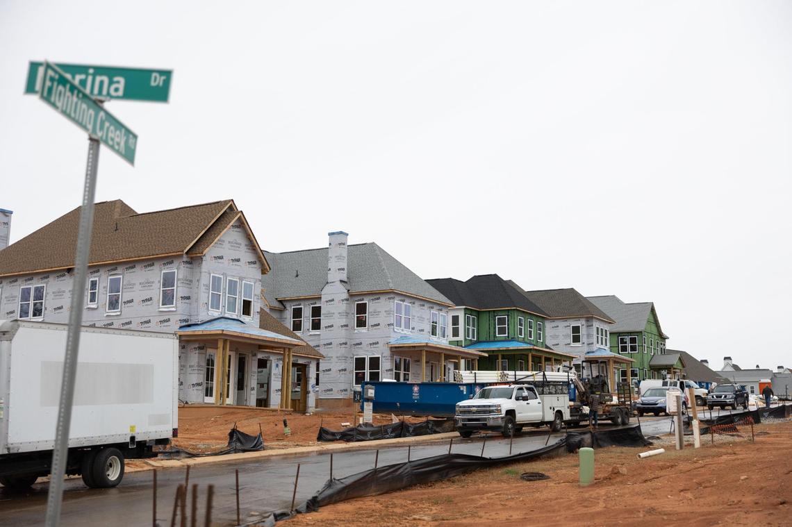 A view of houses under construction in Lakeside Pointe in Sherrills Ford, N.C., on Friday, March 7, 2025. Lakeside Pointe is a new custom-home waterfront community overlooking the lake in Sherrills Ford. The property includes 83 waterfront acres.