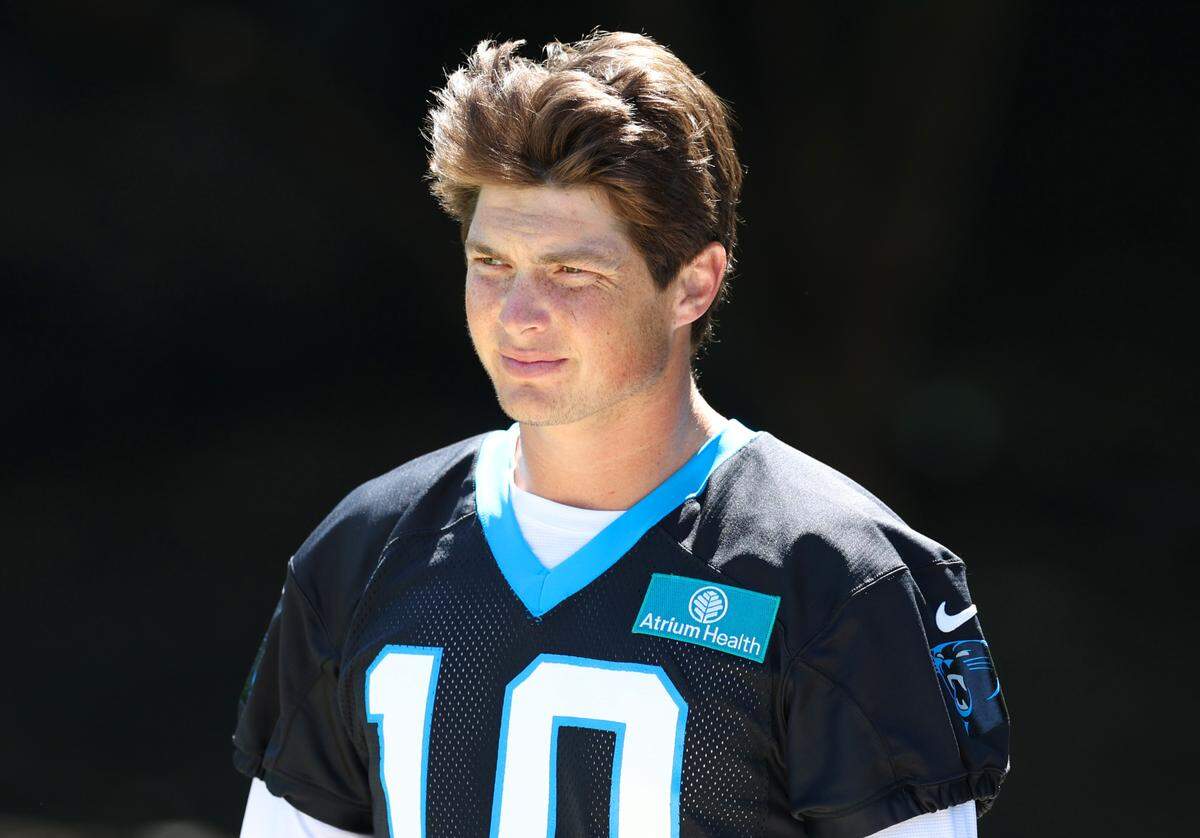 Carolina Panthers rookie quarterback Ethan Garbers walks to the team’s rookie minicamp practice on Friday, May 9, 2025.