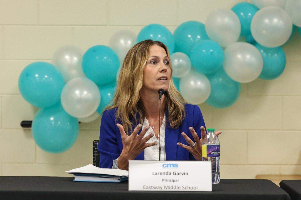 Larenda Garvin, Principal at Eastway Middle School, talks about what helps her students succeed during a press conference held by CMS to discuss the new state testing results at University Creative Arts Elementary School in Charlotte on Wednesday, September 3, 2025.
