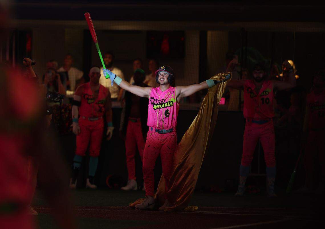 Chalotte native Reece Hampton is introduced before batting Friday, June 6, 2025 at Bank of America Stadium in Charlotte during Banana Ball against the Savannah Bananas.