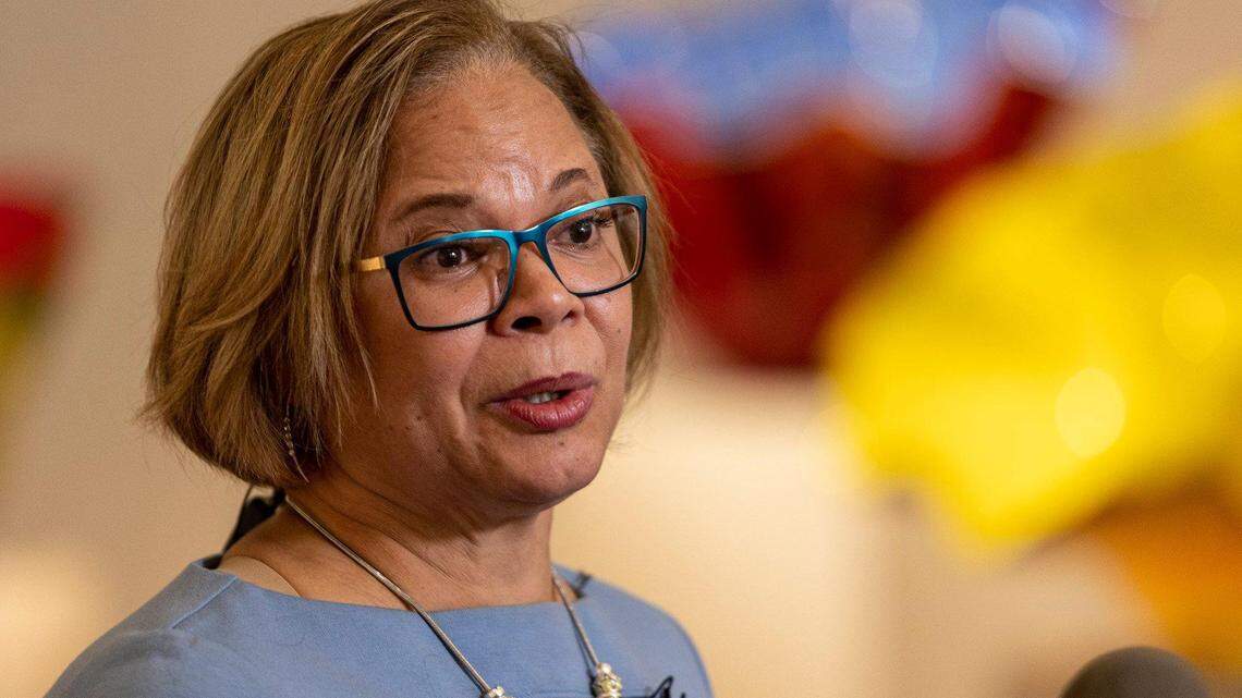 Charlotte Mayor Vi Lyles talks with the media about funds allocated for the city’s Racial Equity Initiative at the Foundation for the Carolinas in Charlotte on Thursday, April 28, 2022.
