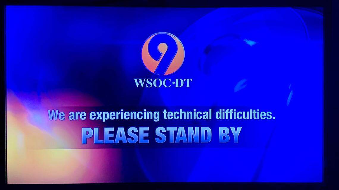 WSOC-TV, which was broadcasting the Carolina Panthers-Indianapolis Colts exhibition opener on Aug. 15, 2021, suffered from numerous technical glitches in the first quarter and then put up this “technical difficulties” sign in place of the game in the second quarter, frustrating many Panthers fans.