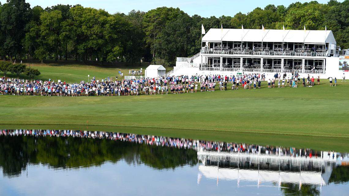Presidents Cup patrons wait along the 13th fairway during third round action of the Presidents Cup at Quail Hollow in Charlotte, NC on Saturday, September 24, 2022.