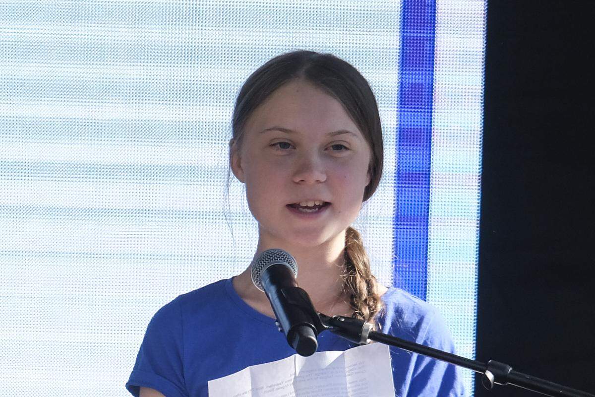 Climate activist Greta Thunberg speaks after a climate change march in Los Angeles, on Friday, Nov. 1, 2019.