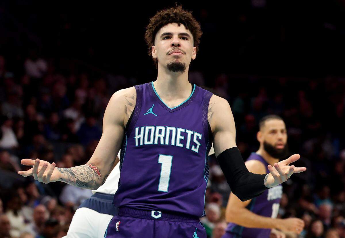 Charlotte Hornets guard LaMelo Ball looks for a call during action against the Dallas Mavericks at Spectrum Center in Charlotte, NC on Monday, January 20, 2025.
