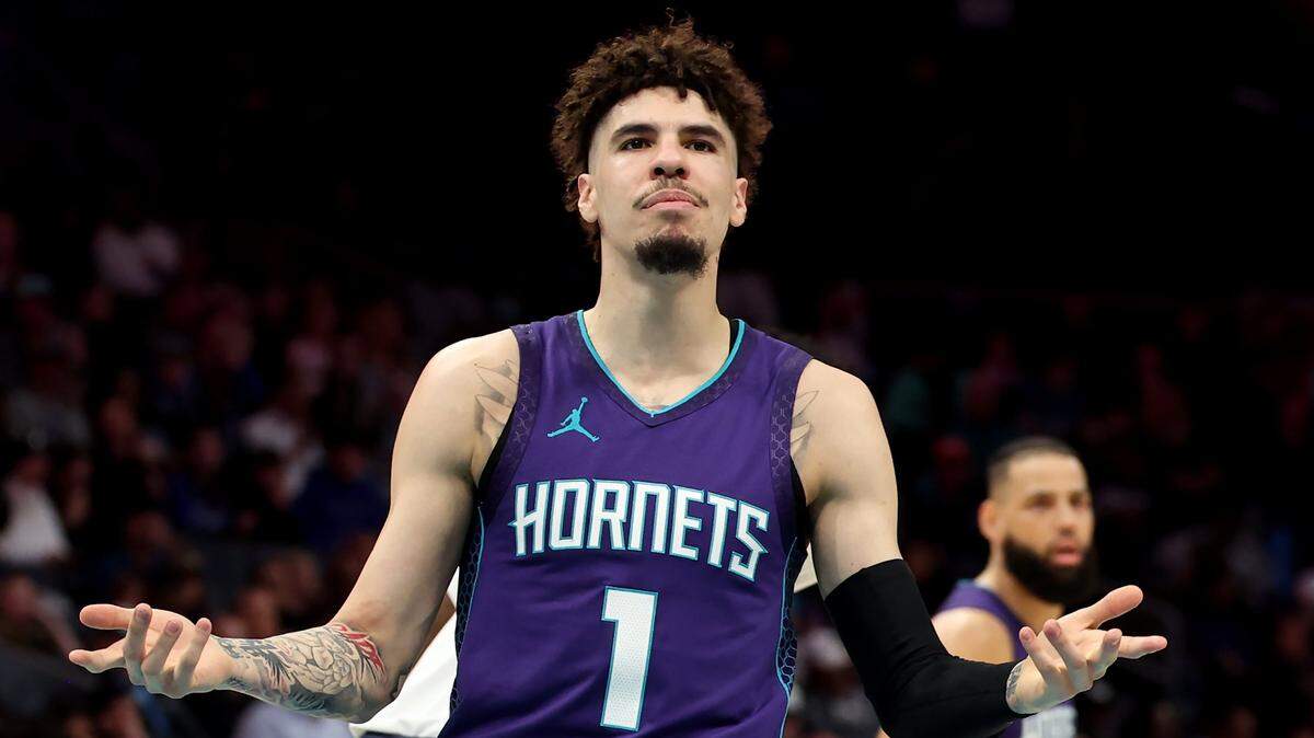 Charlotte Hornets guard LaMelo Ball looks for a call during action against the Dallas Mavericks at Spectrum Center in Charlotte, NC on Monday, January 20, 2025.