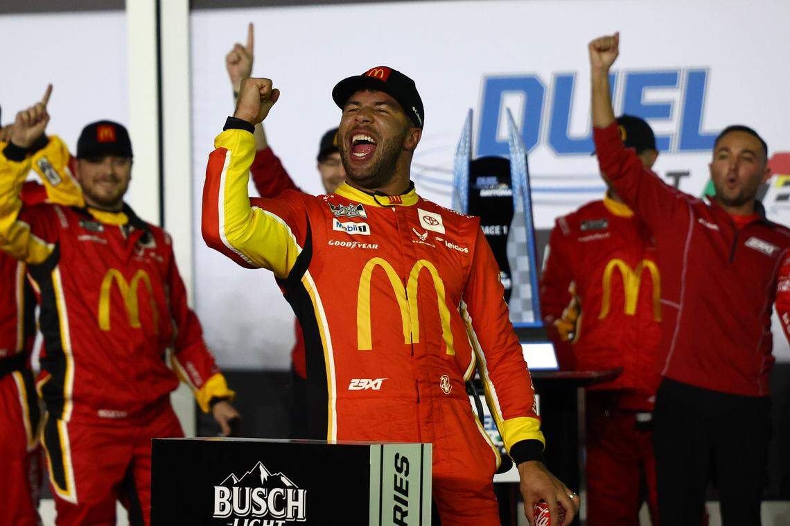 NASCAR Cup Series driver Bubba Wallace (23) reacts after winning Duel 1 at Daytona International Speedway.