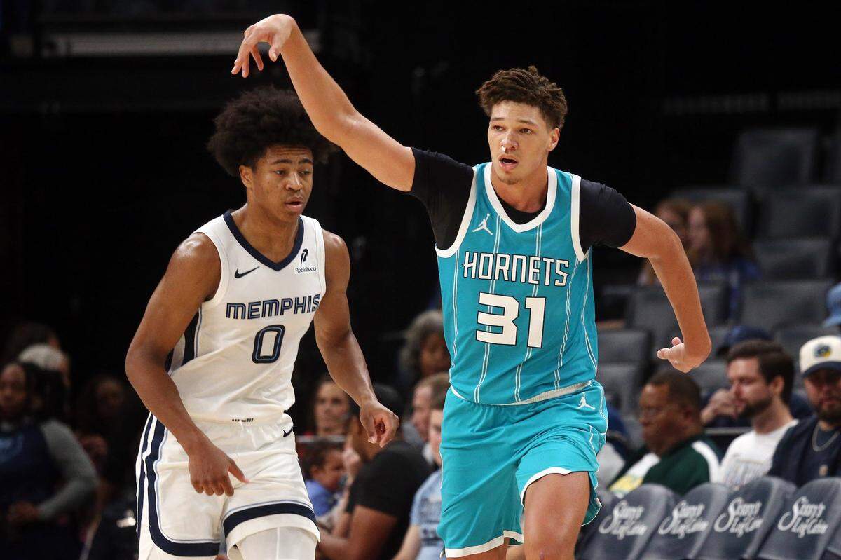 Charlotte Hornets forward Tidjane Salaun (31) reacts after a three point basket during the second half against the Memphis Grizzlies at FedExForum.