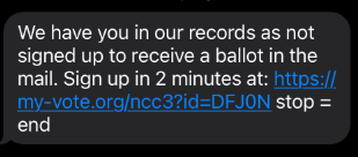 A screenshot of text message sent from a political group ahead of the 2024 presidential election.