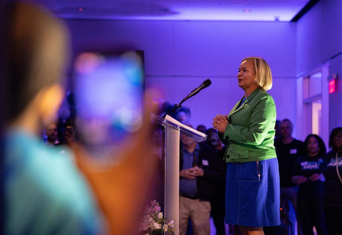 Mayor Vi Lyles speaks at the Meckenburg Democratic Party’s 2023 election night watch party.