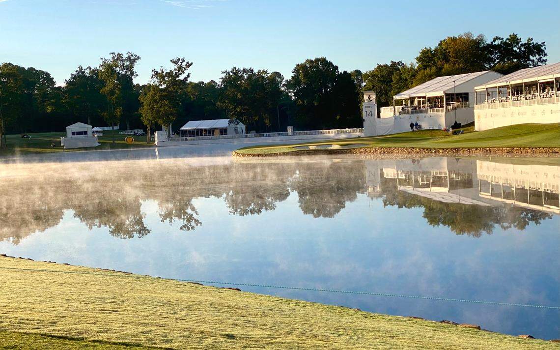 Mist rises from the pond between the tee and green at what is usually the 17th hole at Quail Hollow Club in Charlotte, NC, on Saturday, Sept. 24, 2022. This week, it plays as Hole 14.