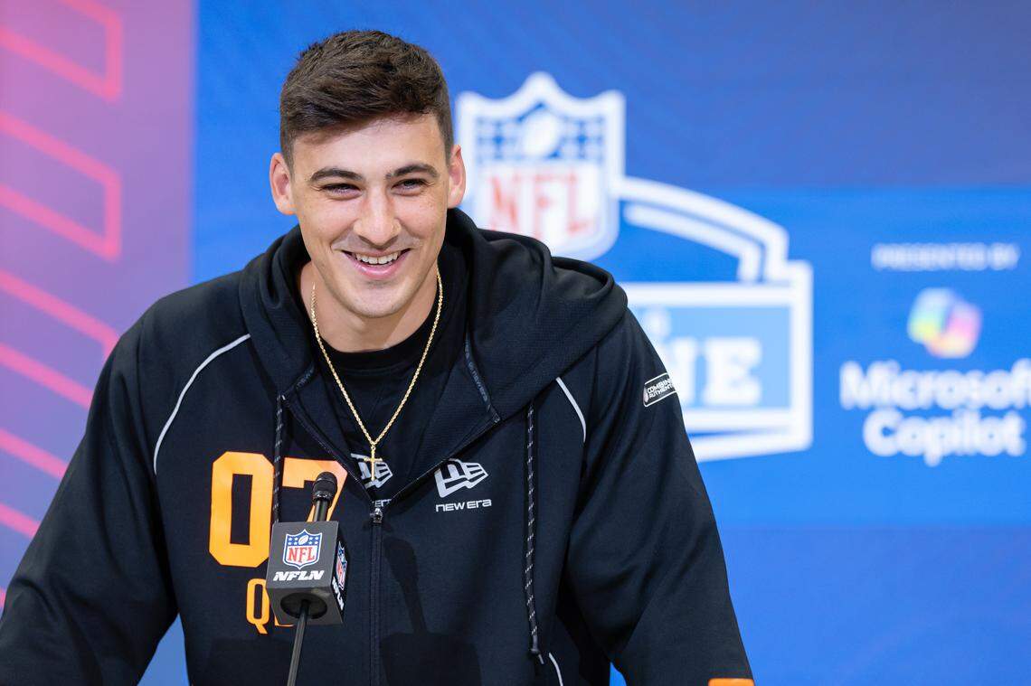 Connecticut Huskies quarterback Joe Fagnano speaks to the media during the 2026 NFL Draft Combine at the Indiana Convention Center on Feb. 27, 2026 in Indianapolis, Indiana. 
