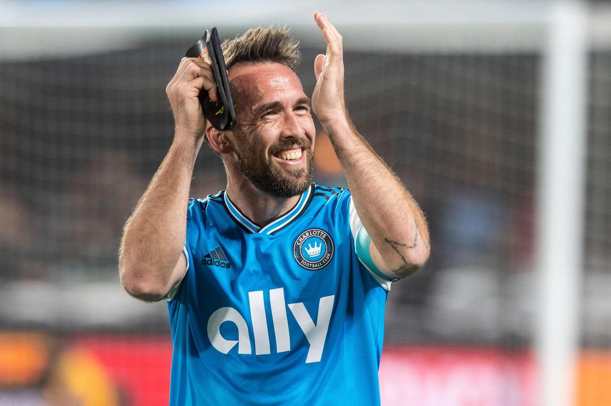 Charlotte FC’s Christian Fuchs celebrates after a win against the New England Revolution at Bank of America Stadium on Saturday, March 19, 2022 in Charlotte, NC. Charlotte FC defeated the Revolution, 3-1, for their first win of the season.