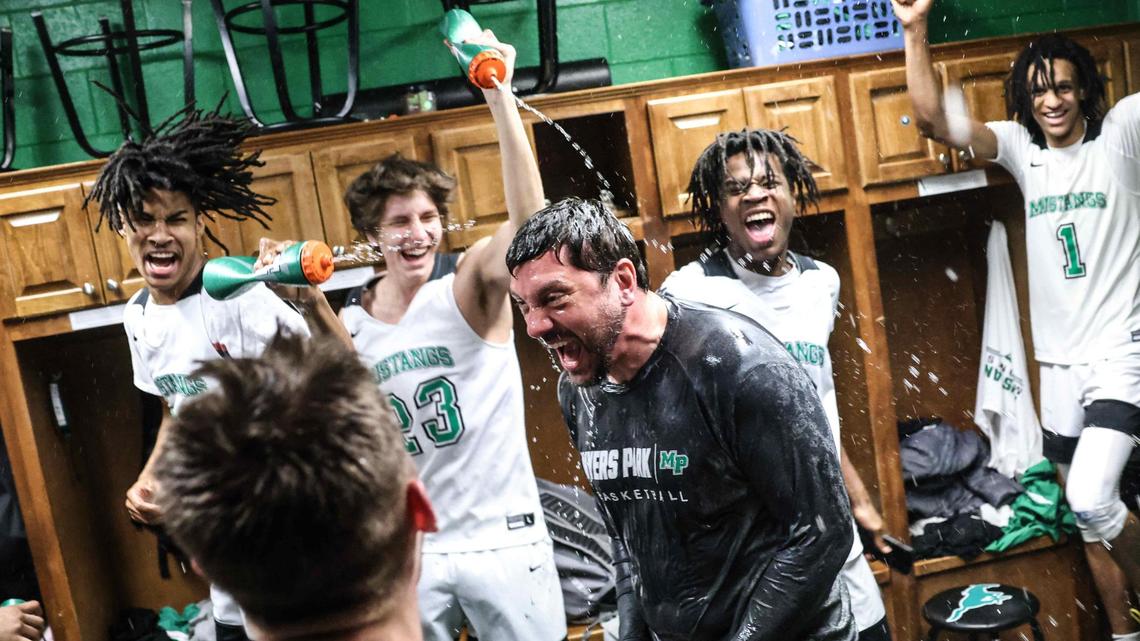 Myers Park celebrates their win over Charlotte Catholic at Myers Park High School in Charlotte, N.C., on Tuesday, February 28, 2023.