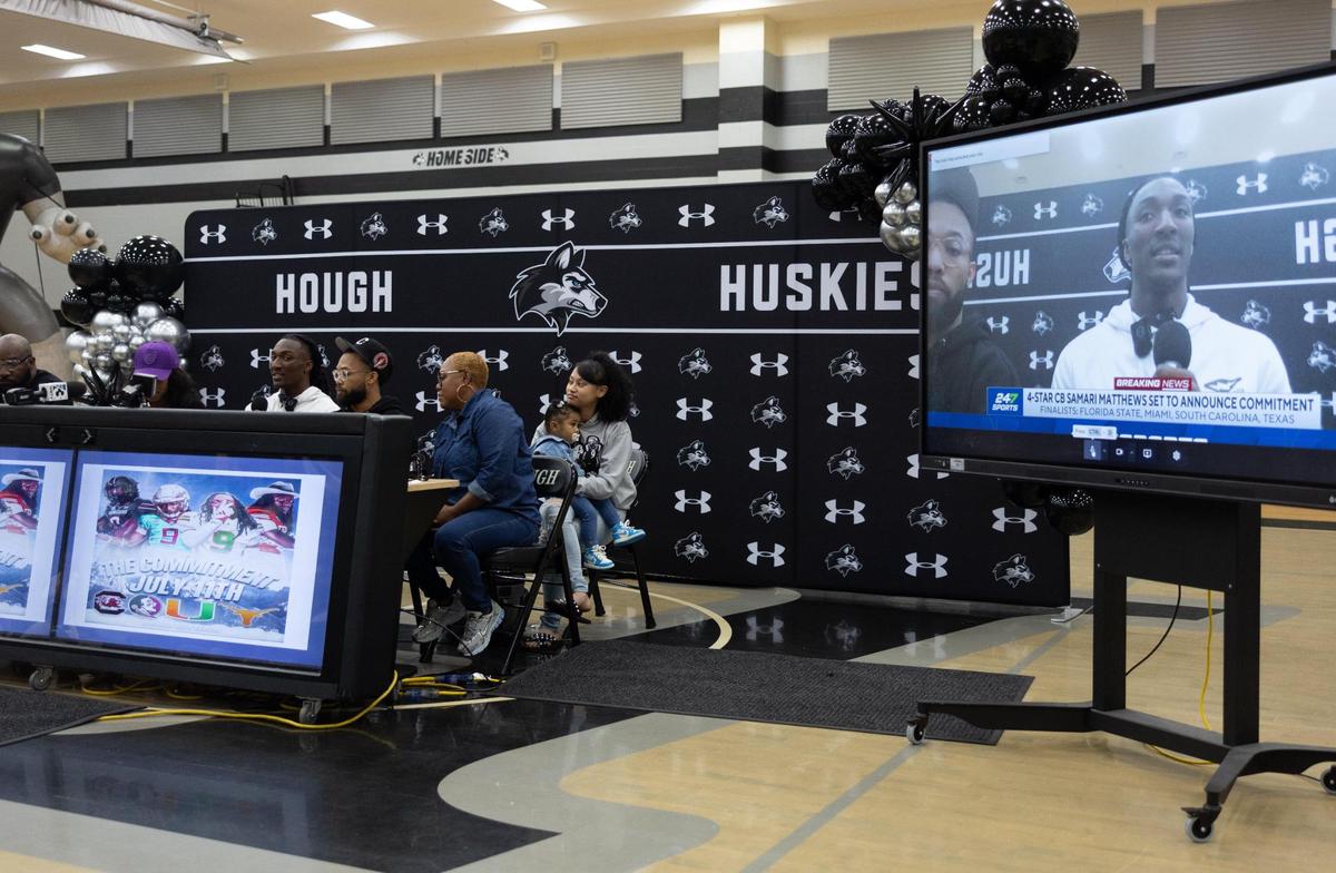 Hough football star Samari “Smoke” Matthews announces his college commitment at Hough High School in Cornelius, N.C., on Friday, July 11, 2025.