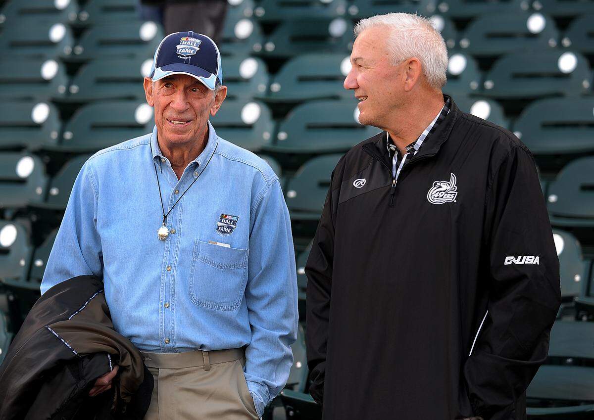 Former NASCAR drivers and NASCAR Hall of Fame members Ned Jarrett and Dale Jarrett were on hand for the Charlotte 49ers vs Georgia Bulldogs nonconference college baseball action on Tuesday, March 8, 2016 at BB&T BallPark in Charlotte, NC. Zach Jarrett a junior at Charlotte is Ned's grandson and Dale's son.