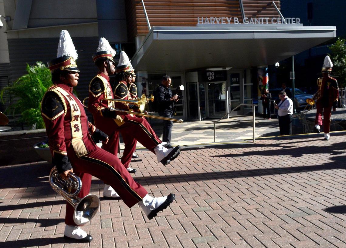 Harding University High School marching band performed Tuesday outside the Harvey B. Gantt Center for African-American Arts + Culture in Charlotte before the center’s 50th anniversary celebration announcement.