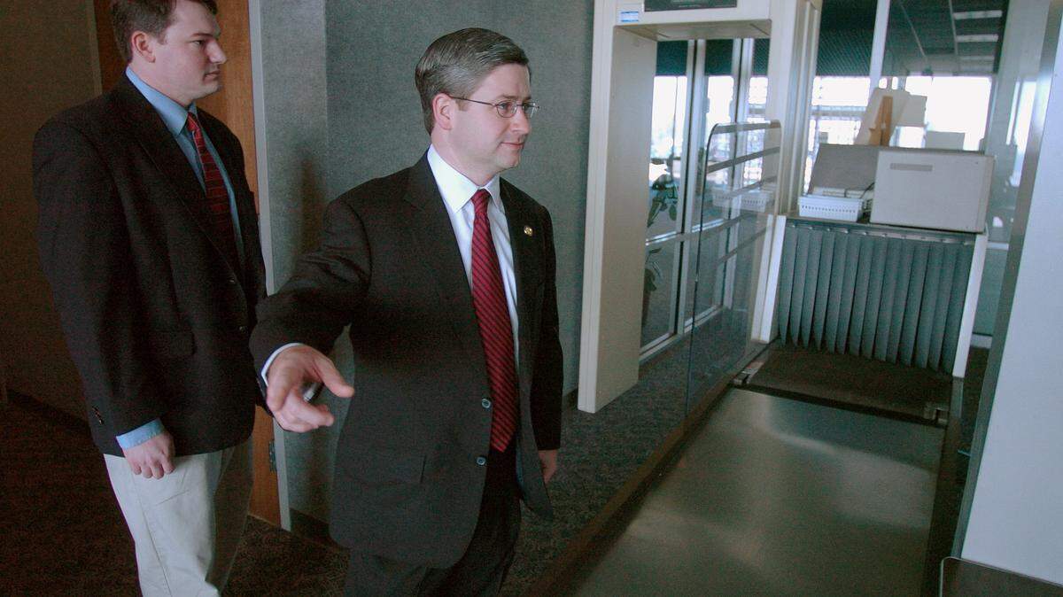 Congressman Patrick McHenry, right, tours Hickory airport with his legislative director Jon Causey in 2005.