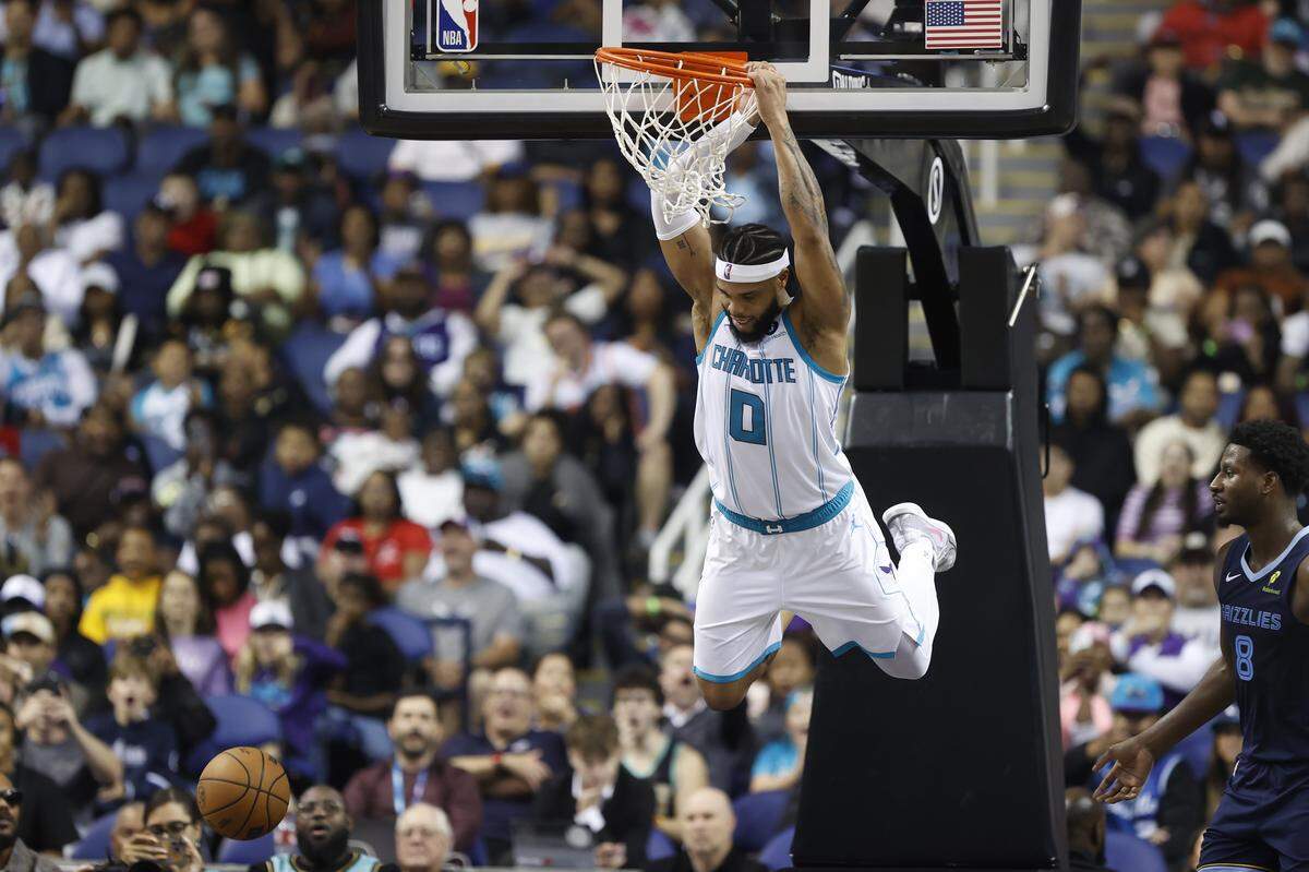 Charlotte Hornets forward Miles Bridges (0) hangs on the rim after a slam dunk during the second half against the Memphis Grizzlies at First Horizon Coliseum.