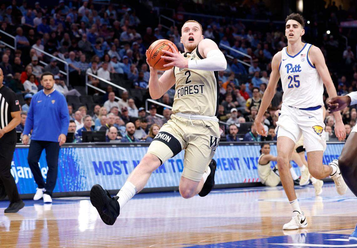 Wake Forest’s Cameron Hildreth (2) heads to the basket during the first half of Wake Forest’s game against Pitt in the quarterfinal round of the 2024 ACC Men’s Basketball Tournament at Capital One Arena in Washington, D.C., Thursday, March 14, 2024.